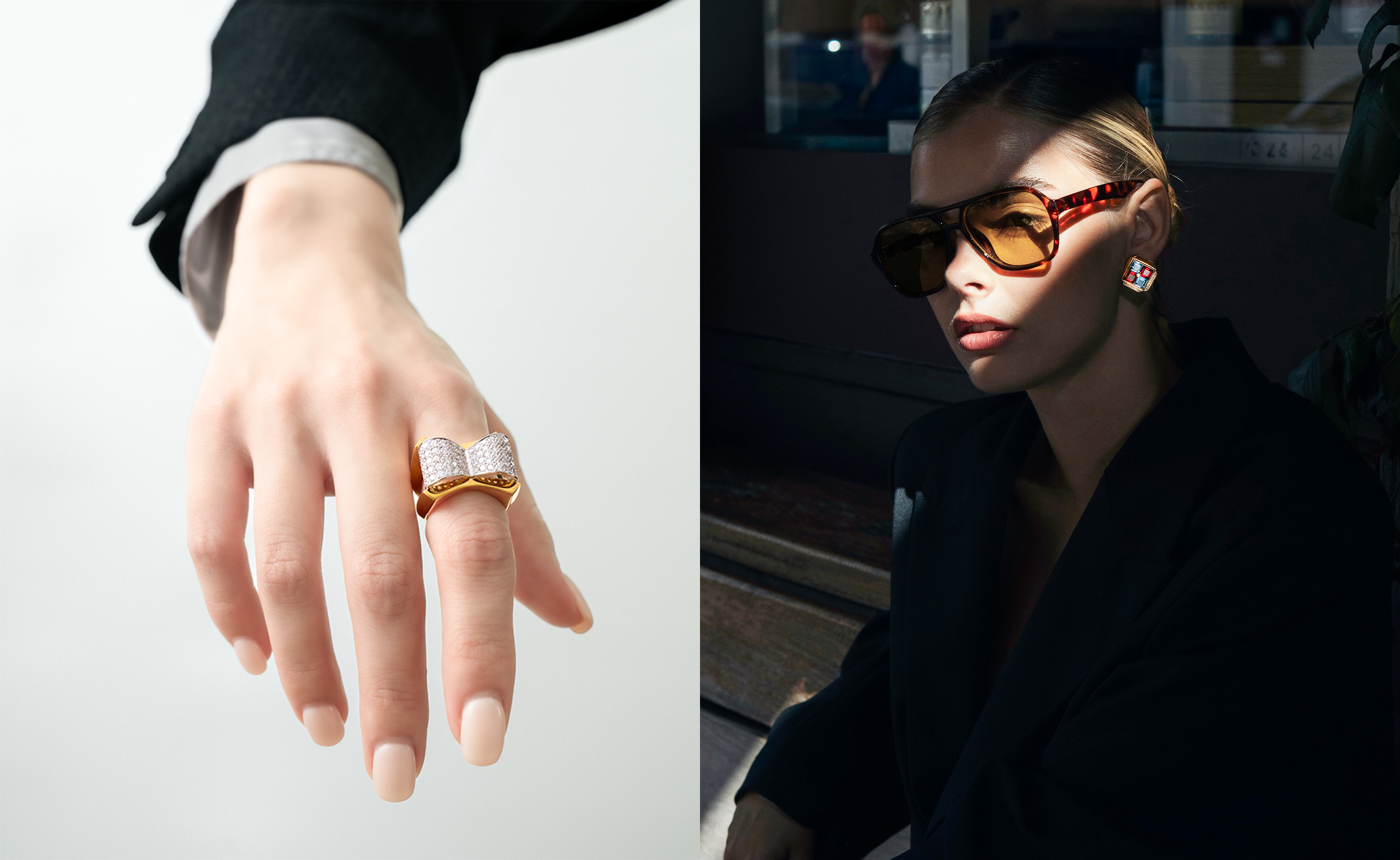 Close-up of a hand wearing a Diamond Bowtie Cocktail Ring on a plain background, with a person wearing Rhodolite Garnet & Blue Topaz Diamond Earrings and a black suit in the background.